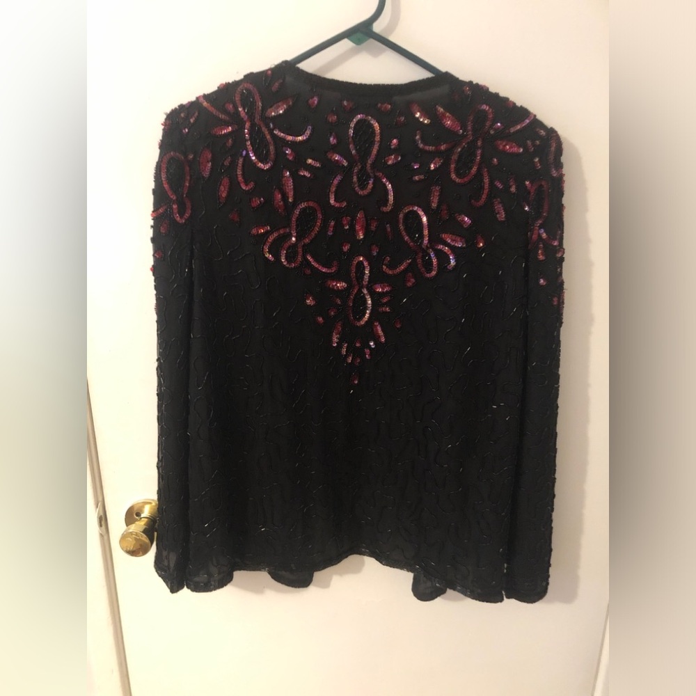 Vintage Black Beaded Open-Front Jacket with Pink Sequin Accents 80s retro glam L - Picture 5 of 16